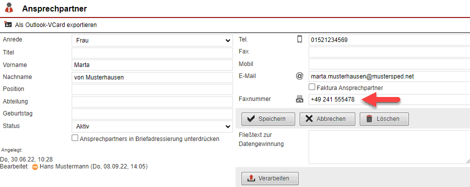 Screenshot der Ansicht bei Bearbeitung eines Ansprechpartners mit markiertem Zusatzfeld „Faxnummer“
