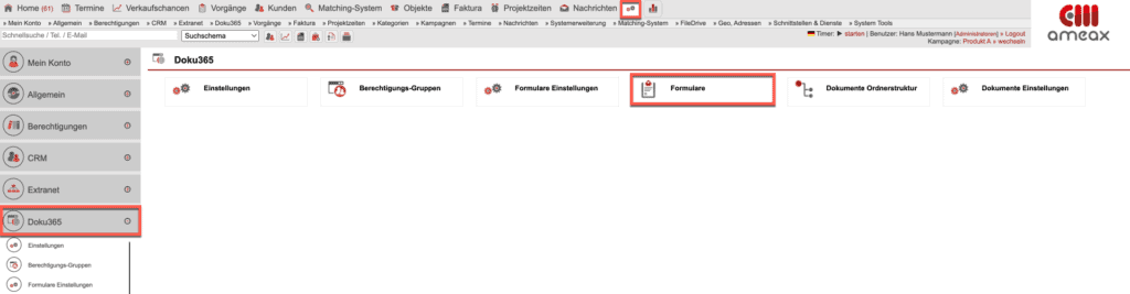 Screenshot des allgemeinen Einstellungsbereichs im Bereich „Doku365” mit markiertem Untermenüpunkt „Formulare”