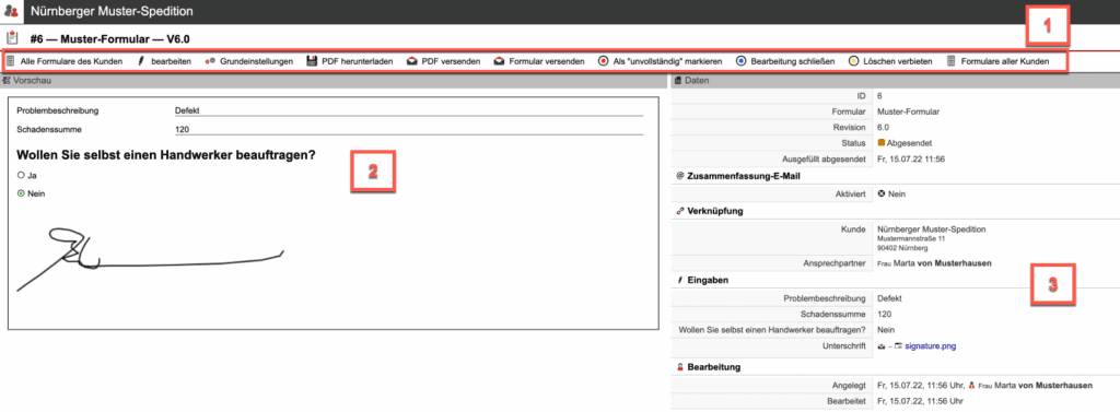 Screenshot der Ansicht eines ausgefüllten Formulars mit verschiedenen numerischen Markierungen