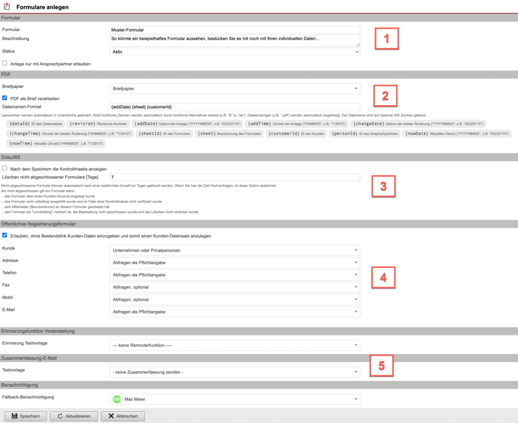 Screenshot der Bearbeitungsmaske eines Formulars mit verschiedenen numerischen Markierungen