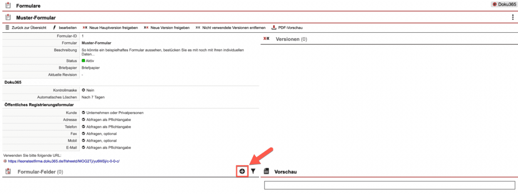 Screenshot der Übersichtsmaske eines Formulars mit markiertem Plus-Icon bei „Formular-Felder”