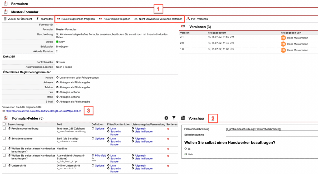 Screenshot der Bearbeitungsmaske eines Formulars mit verschiedenen numerischen Markierungen