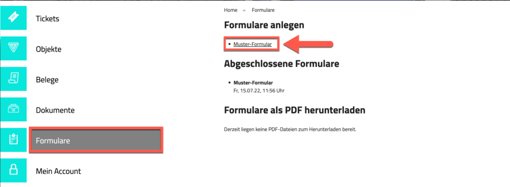 Screenshot der Dokumentenportal-Ansicht eines Kunden-Accounts im Reiter „Formulare”
