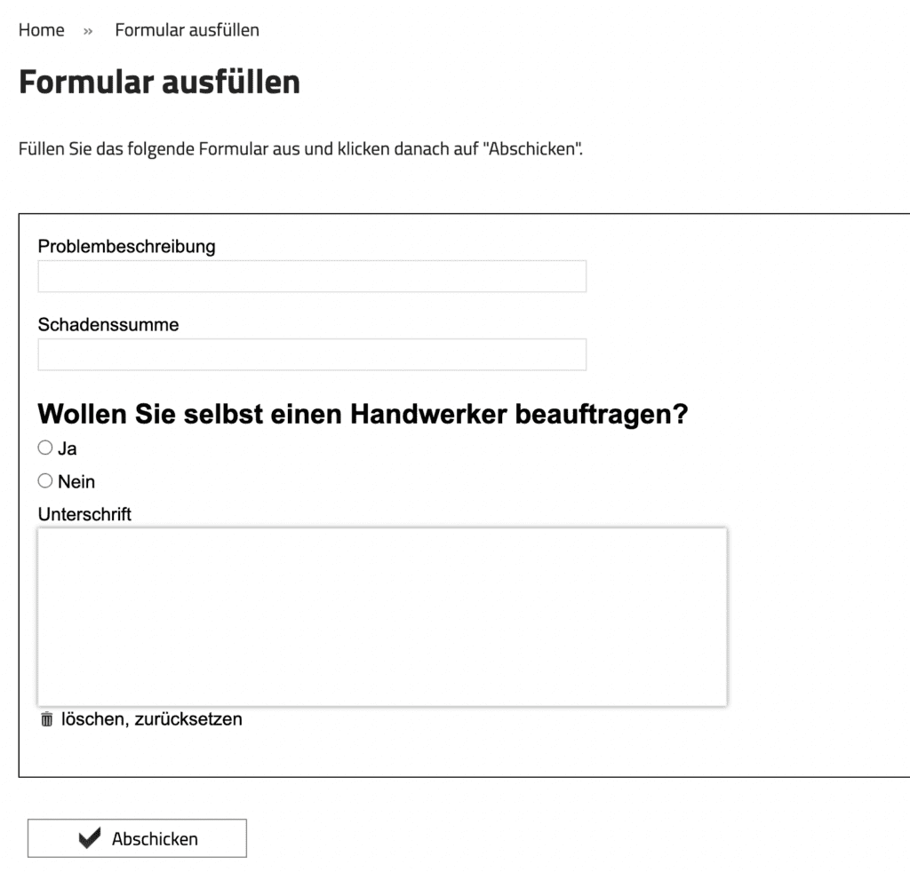 Screenshot während dem Ausfüllen eines Formulars im Dokumentenportal