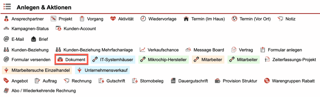 Screenshot der „Anlegen & Aktionen” Leiste eines Kundendatensatzes mit markiertem „Dokument” Button