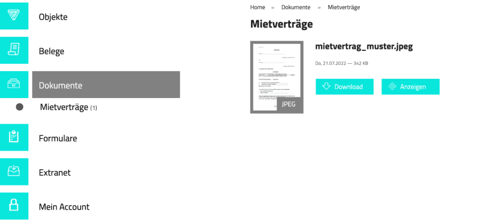 Screenshot der Übersicht des Dokumentenportals im Reiter „Dokumente”