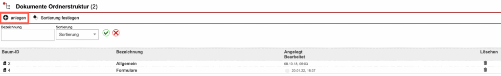 Screenshot der Bearbeitungsmaske „Dokumente Ordnerstruktur”