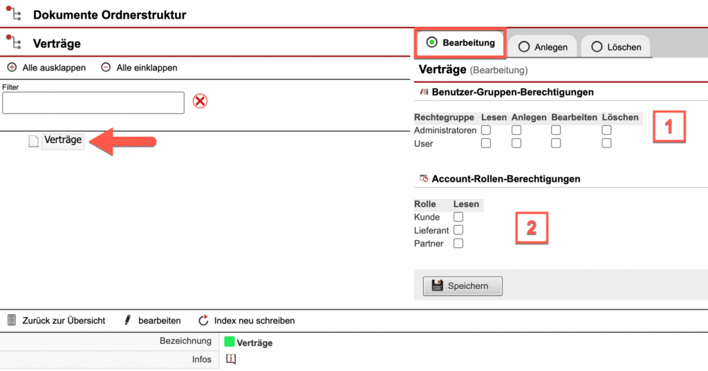 Screenshot während der Bearbeitung des Hauptpunktes eines Ordnerstruktur