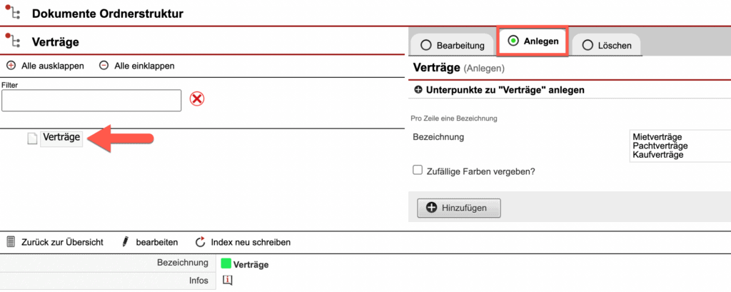 Screenshot der Ansicht „Dokumente Ordnerstruktur” während der Anlage von Untermenüpunkten