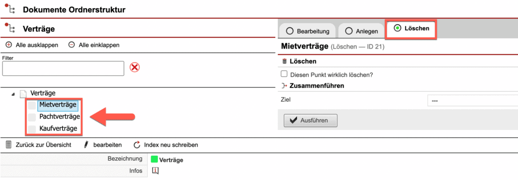 Screenshot der Ansicht „Dokumenten Ordnerstruktur” mit markiertem Reiter „Löschen”