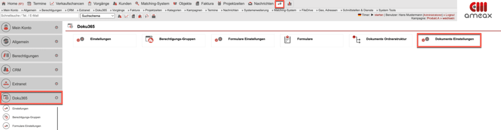 Screenshot des Einstellungsbereichs „Doku365” mit markiertem Untermenüpunkt „Dokumente Einstellungen”