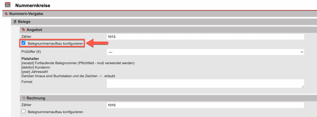 Screenshot der Übersichtsmaske “Nummernkreise” mit markierter Checkbox “Belegnummernaufbau konfigurieren”