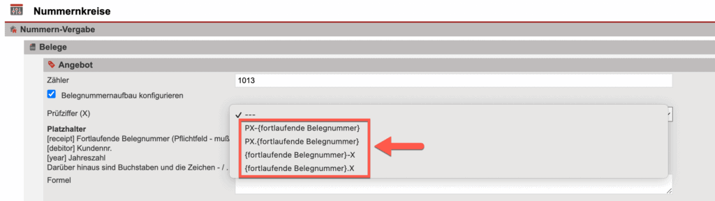 Screenshot der Bearbeitungsmaske der Belegnummern mit Markierung des Drop-Down-Menü im Bereich “Prüfziffer”