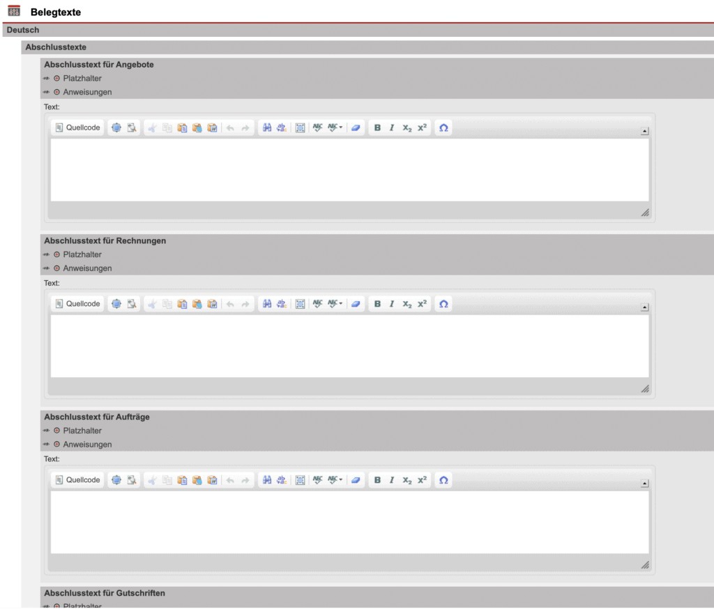 Screenshot der Bearbeitungsmaske „Belegtexte”