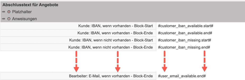 Screenshot der Bearbeitungsmaske „Belegtexte” mit geöffnetem Bereich „Anweisungen”