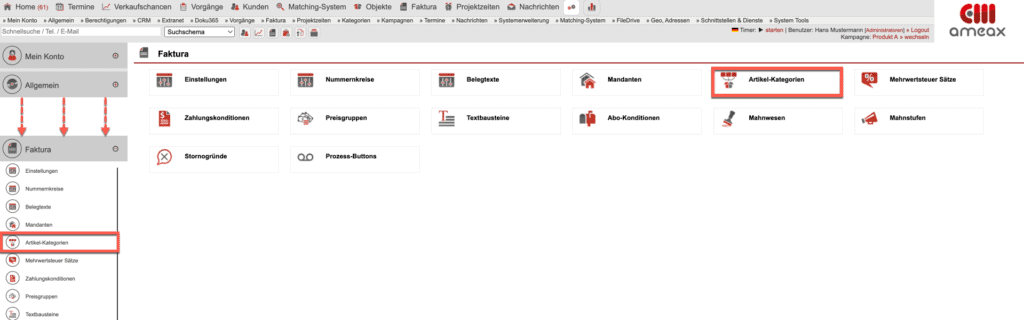 Screenshot der Übersichtsmaske aller Einstellungen im Bereich “Faktura” mit markiertem Untermenüpunkt „Artikel-Kategorien”