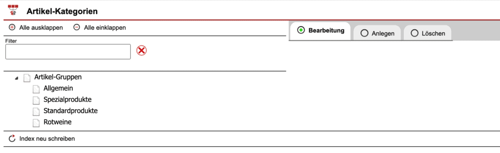 Screenshot der Bearbeitungsmaske der „Artikel-Kategorien"