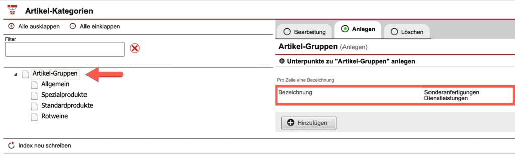 Screenshot der Ansicht während der Neuanlage von „Artikel-Kategorien"