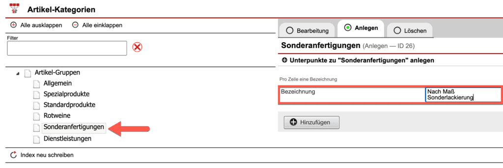 Screenshot der Bearbeitungsmaske der „Artikel-Kategorien" während der Anlage von Unterpunkten