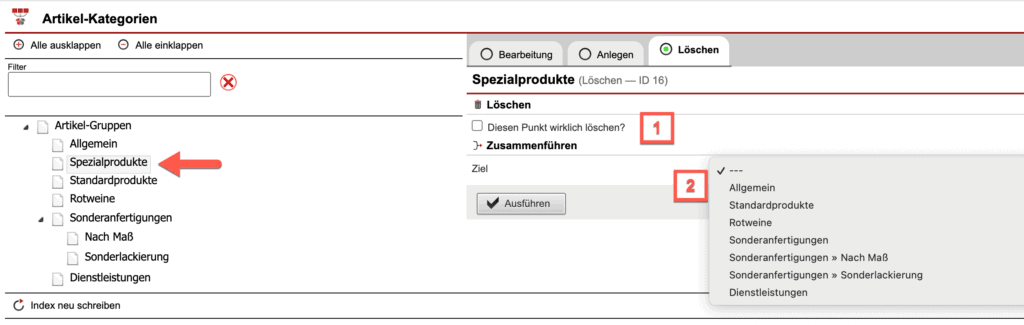 Screenshot beim Löschen bzw. Zusammenführen von „Artikel-Kategorien"