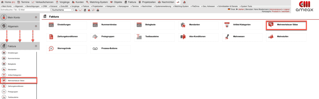 Screenshot des Einstellungsbereichs „Faktura“ mit markierter „Mehrwertsteuer-Sätze“-Schaltfläche