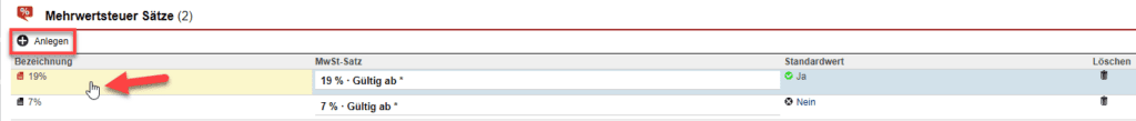 Screenshot der Übersichtsmaske aller Mehrwertsteuer Sätze mit verschiedenen Markierungen