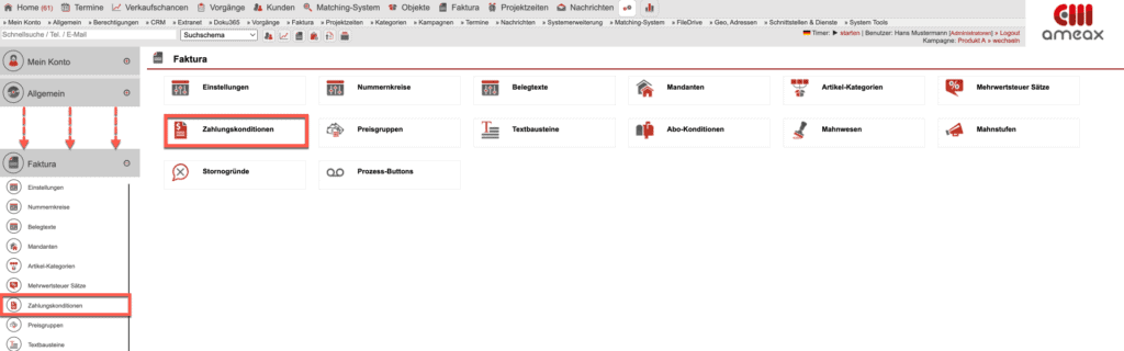 Screenshot des Einstellungsbereichs „Faktura“ mit markierter „Zahlungskonditionen“-Schaltfläche