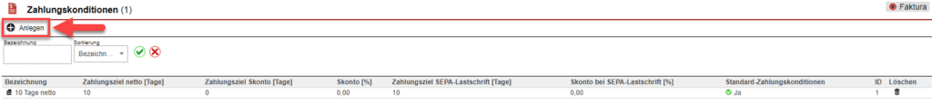 Screenshot der Übersichtsmaske aller hinterlegten Zahlungskonditionen mit markiertem „Anlegen“-Button