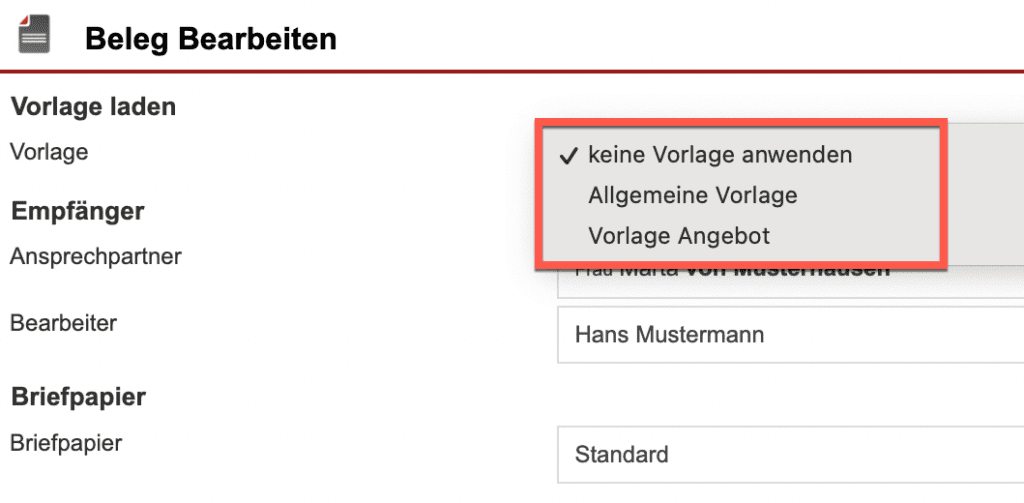 Screenshot der „Beleg bearbeiten”-Maske bei Anlage mit markiertem Drop-Down-Menü „Vorlage”