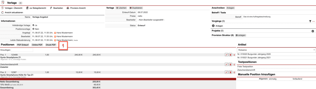 Screenshot der Ansicht bei Anlage einer Vorlage mit Markierung der Schaltflächen zur PDF-Ansicht