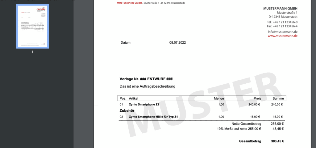 Screenshot der PDF-Entwurf-Ansicht einer Vorlage