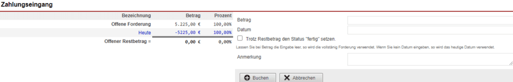 Screenshot der Ansicht beim Verbuchen einer Zahlung