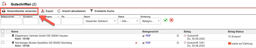 Screenshot der Gutschriften-Übersicht mit markiertem „Versandbereite versenden“-Button