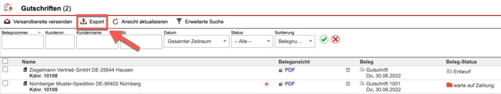 Screenshot der Übersichtsmaske „Gutschriften“ mit markiertem „Export“-Button