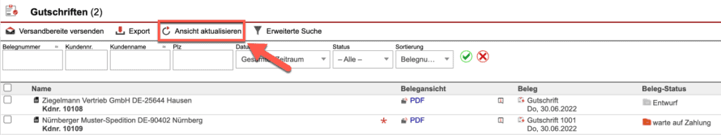 Screenshot der Übersicht aller Gutschriften mit markiertem „Ansicht aktualisieren“-Button