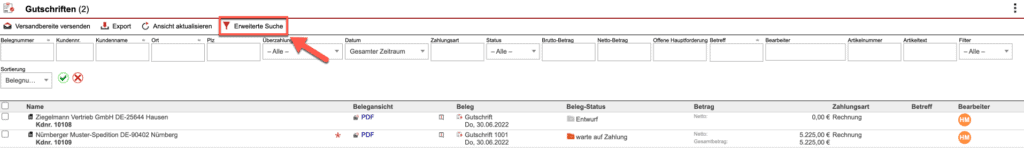 Screenshot der Gutschriftenübersicht mit markiertem „Erweiterte Suche“-Button