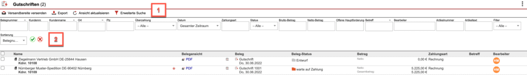 Screenshot der erweiterten Suchleiste im Bereich „Gutschriften“ mit Markierung von zwei Bereichen