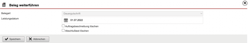 Screenshot der „Beleg weiterführen“-Maske
