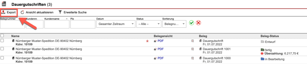 Screenshot der Übersichtsmaske „Dauergutschriften“ mit markiertem „Export“-Button