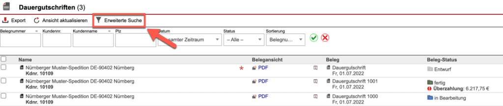 Screenshot der Belegübersicht mit markiertem „Erweiterte Suche“-Button