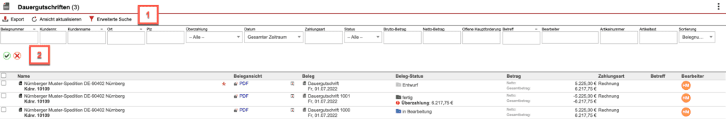 Screenshot der erweiterten Suchleiste im Bereich „Dauergutschriften“ mit Markierung von zwei Bereichen