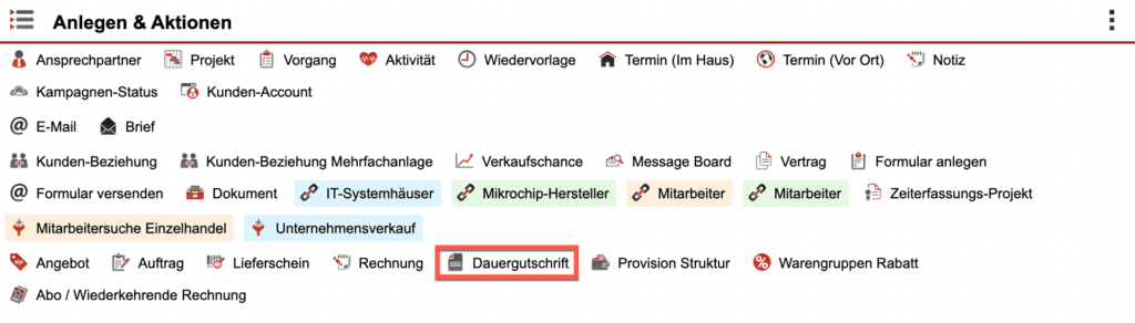 Screenshot des Bereichs „Anlegen & Aktionen“ eines Kundendatensatzes