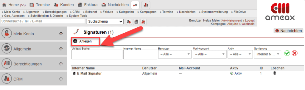 Screenshot Übersichtsmaske „Signaturen“ mit markiertem Anlegen-Button.