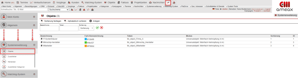 Screenshot des Einstellungsbereichs „Systemerweiterung“ im Untermenüpunkt „Objekte“ mit verschiedenen Markierungen