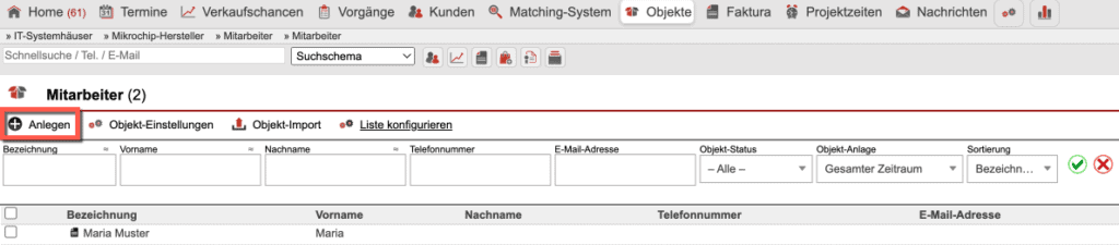 Screenshot der Übersichtsmaske eines beispielhaften Objekts „Mitarbeiter“ mit Markierung der „Anlegen“-Schaltfläche