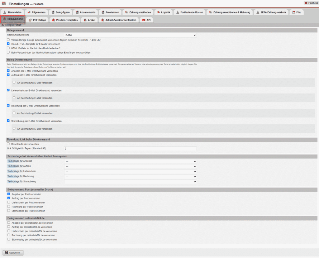 Einstellungsmaske des Bereichs „Belegversand“