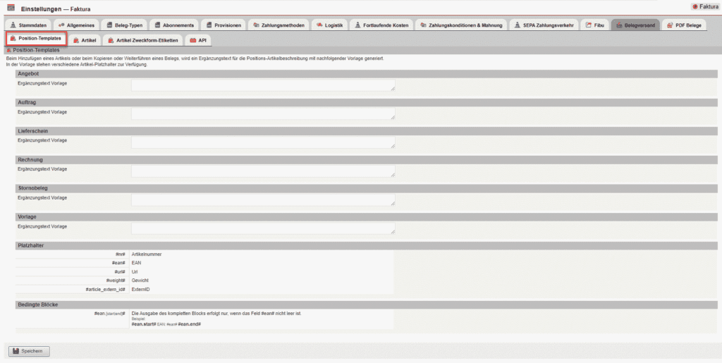 Einstellungsmaske des Bereichs „Position-Templates“