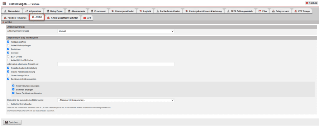 Einstellungsmaske des Bereichs „Artikel“