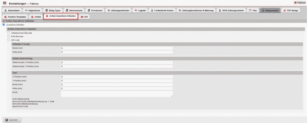 Einstellungsmaske des Bereichs „Artikel Zweckform-Etiketten“