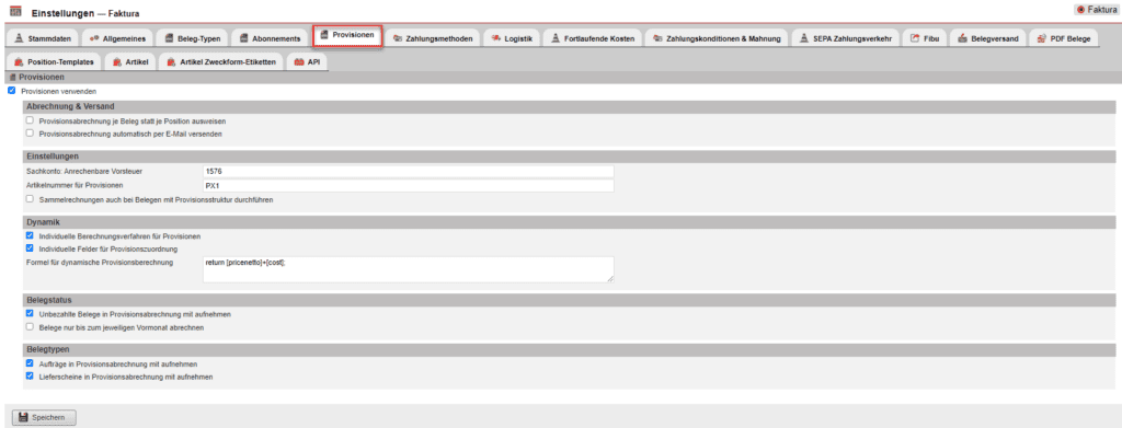 Screenshot des Reiters „Provisionen“